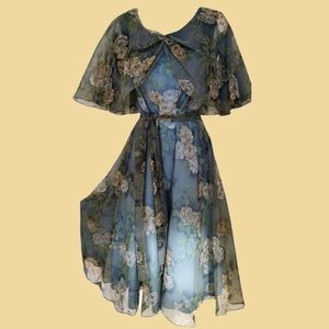 Vintage 70s Floral Evening Dress with Cape